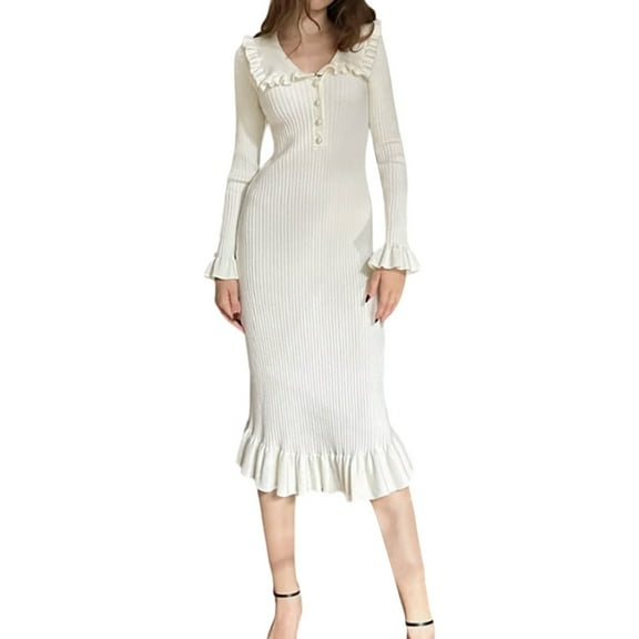 Ediodpoh Women's Long Sleeve Sweater Dress 2025 Fall Lapel Collar Button Elegant Casual Midi Dresses Sweater Dress for Women White L