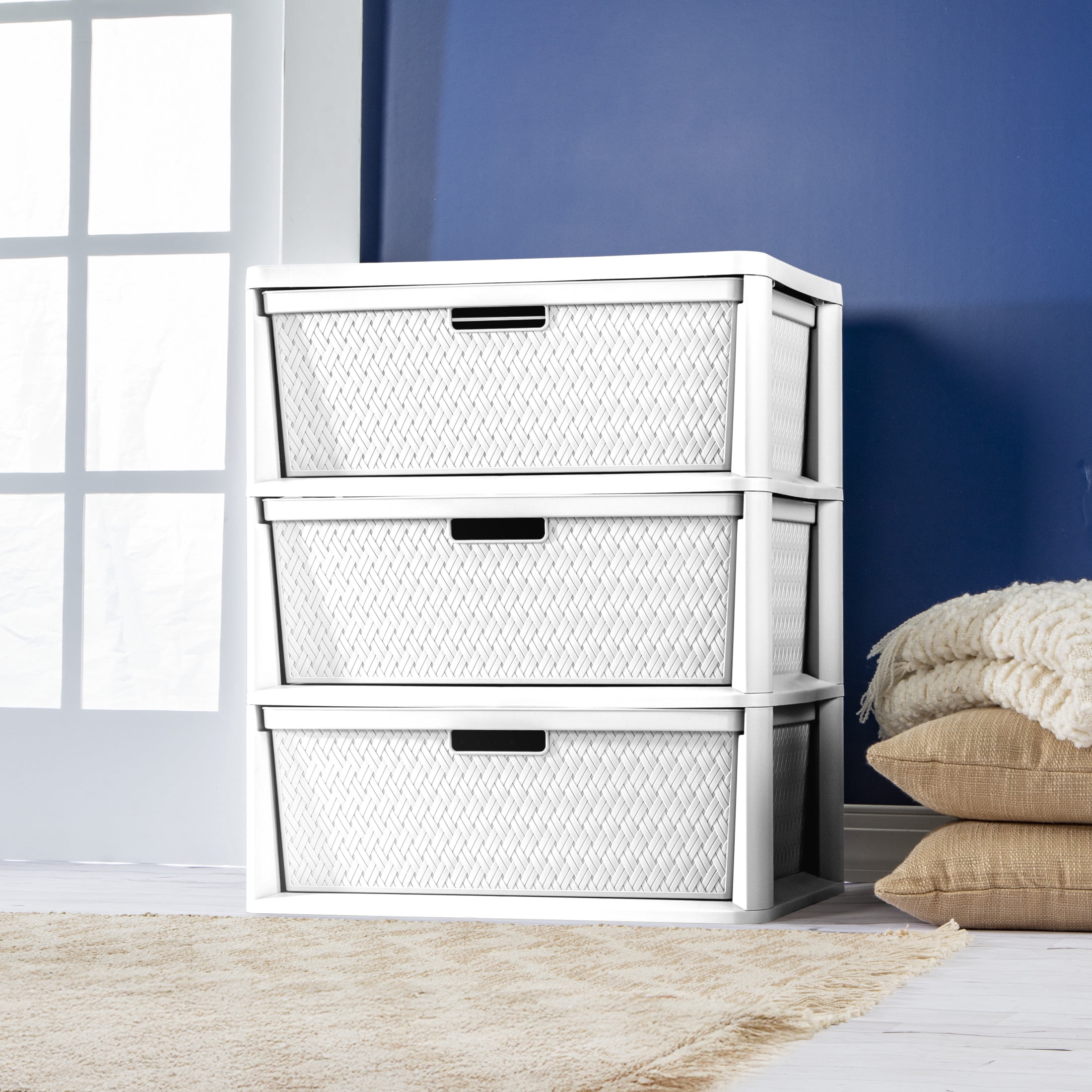 (2 pack) Sterilite Wide 3 Drawer Tower, Plastic Storage Organizer with Removable Decorative Bins, Easy to Assemble - No Tools Needed, White