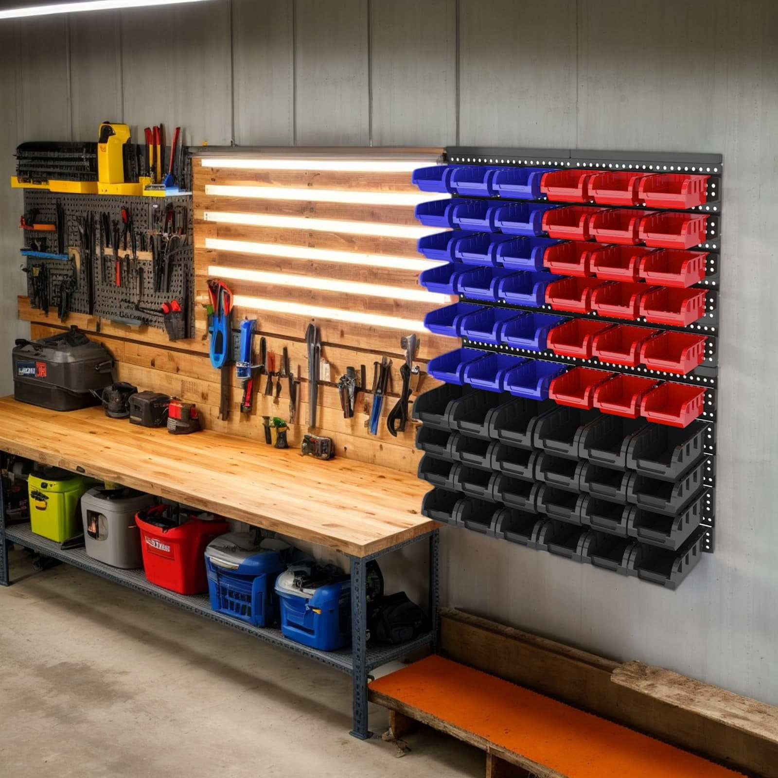 60 PCS Wall Mounted Storage Bins Organizer, Large Plastic Nut & Bolt Organizer with Pegboard, Screw Storage Bins for Garage, Workshop, Hardware, Crafts (Blue & Red & Black)