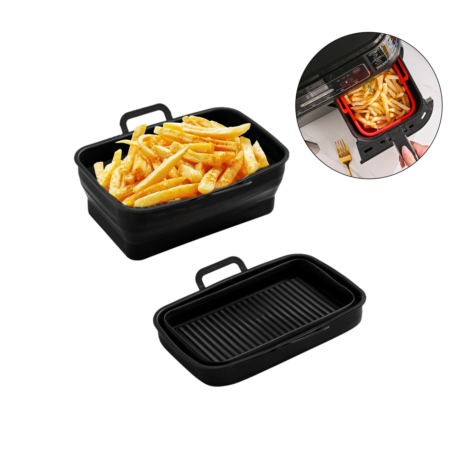  KINLYBO Air Fryer Silicone Pot for Ninja Dual DZ201 DZ401 DZ550  DualZone XL, Reusable Air Fryer Pot with Handles, 2pcs Air Fryer Silicone  Liner, Magentic Cooking Time Chart for Air Fryer