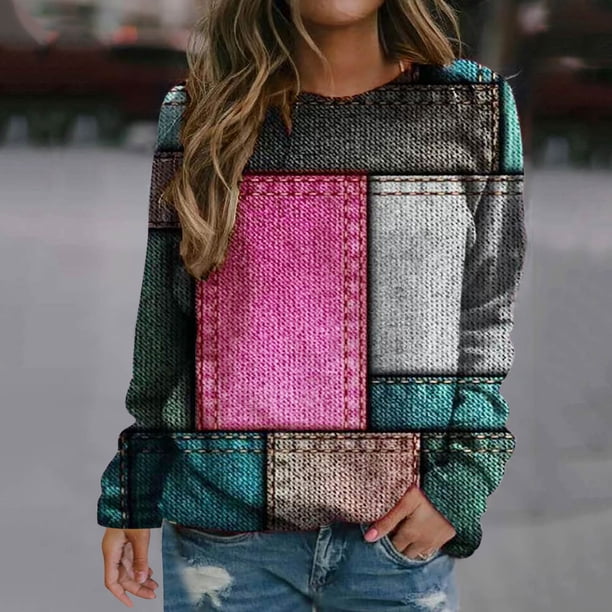 Pntutb Mujeres Moda Casual Geometría Impreso Suéter Manga Larga Cuello Redondo tops Pntutb Pntutb-1715