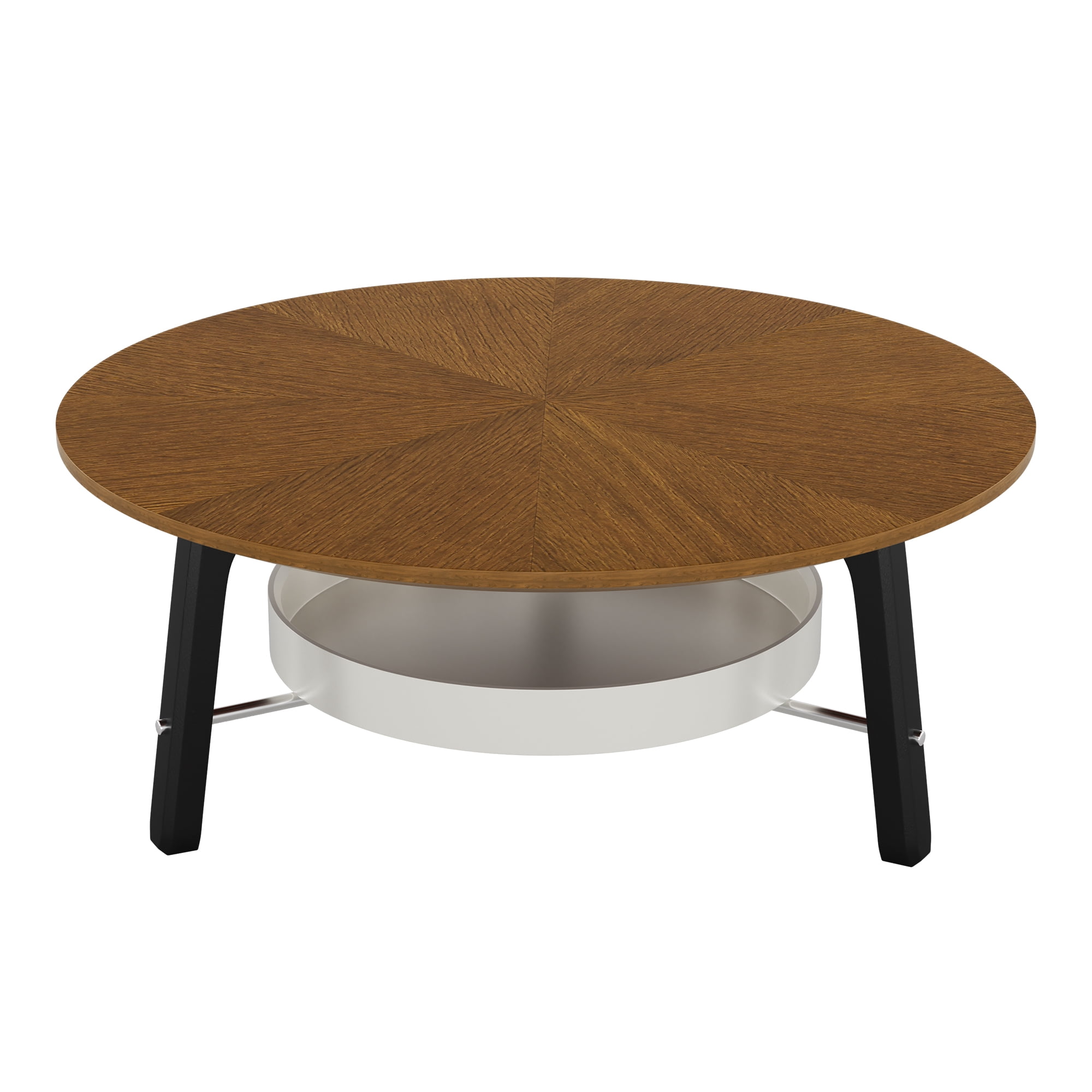 35.43" Round Coffee Table with Storage Shelf, Walnut Wood Grain Finish with Black Wood Legs, Modern Minimalist Center Table for Living Room, Farmhouse Accent Furniture for Small Spaces, Easy Assembly