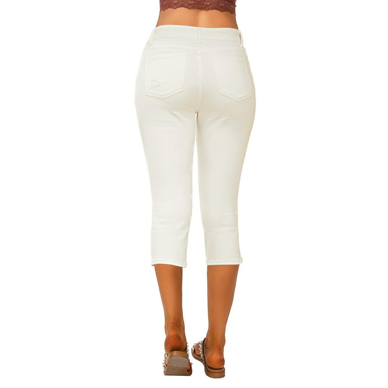 Vetinee Ripped Capri Pants for Women High Waisted Slim Fit Jeans Clean  White Size XL