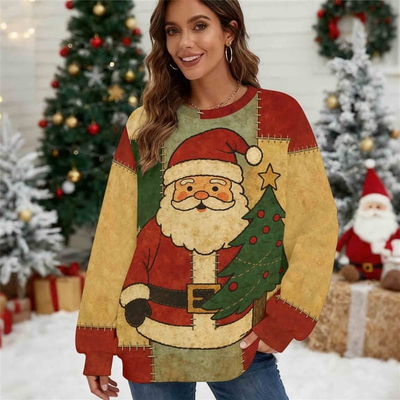 LEKWK Christmas Womens Sweatshirt Fashion Xmas Holiday Party Tops Dressy Casual Cute Graphic Shirts Long Sleeve Crewneck Blouses Going Out Outfits