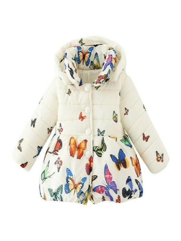 UWBACK Winter Coat for Girls Hooded Floral Print Kids Warm Cotton Parka