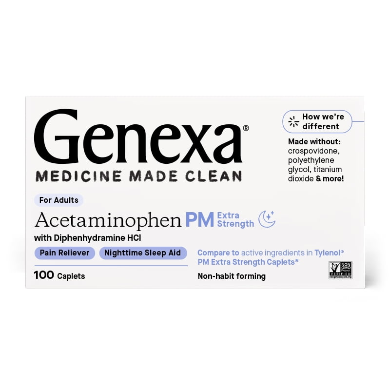 Genexa Extra Strength Pain & Fever PM Acetaminophen & Sleep Aid Caplets, 100 Ct