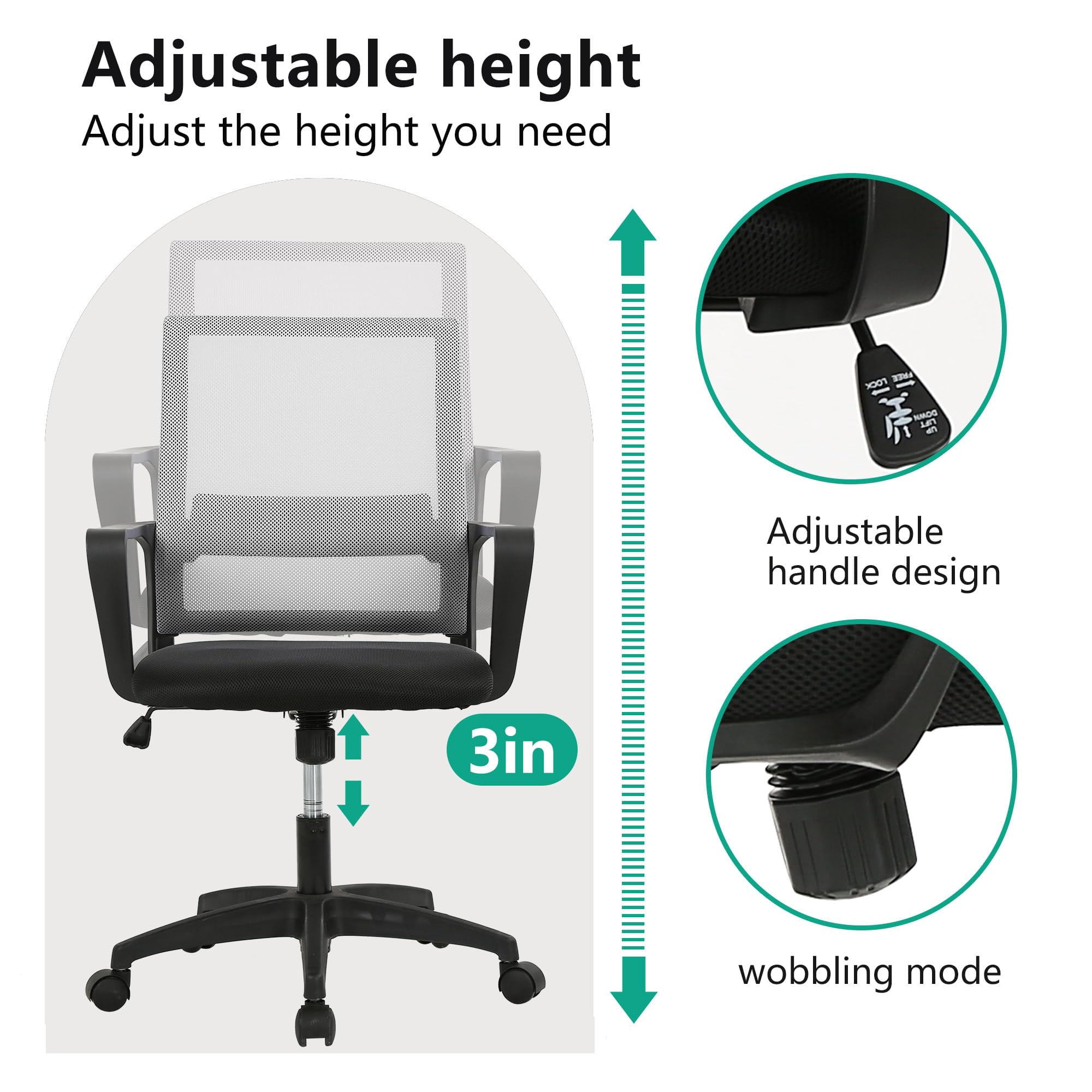 YRLLENSDAN Mesh Office Chair with Wheels Rolling Desk Chair with Arms Mesh Computer Chair for Adults Conference Room Chair Study Chair Adjustable Height,Gray