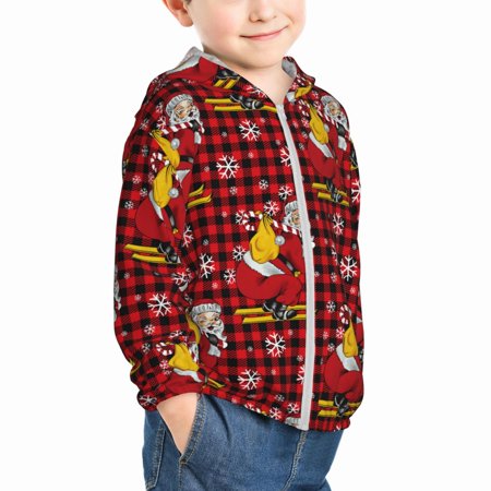 

Uemuo Vintage Santa Skiing Red Plaid Pattern Rash Guard for Boys Girls Long Sleeve Swim Shirts UPF 50+ UV Sun Protection Hooded Fishing Shirt with Pocket for Kid-3 Years