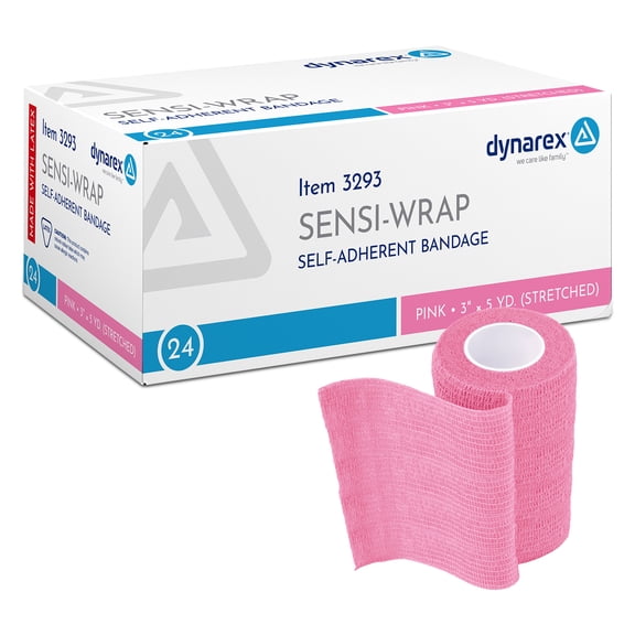 Dynarex Sensi-Wrap Self-Adhesive Bandages, 24-Pack, 3" x 5 yards, Pink, Latex, Colored Elastic Cohesive Athletic Tape, Tattoo Grip & Vet Wrap