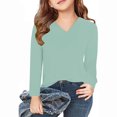 thumbnail image 2 of qolati Shirts for Girls Casual Long Sleeve T Shirts Kids Spring Tops Solid Loose Fit V-Neck Basic Tees 3-14Y Spring, 2 of 4