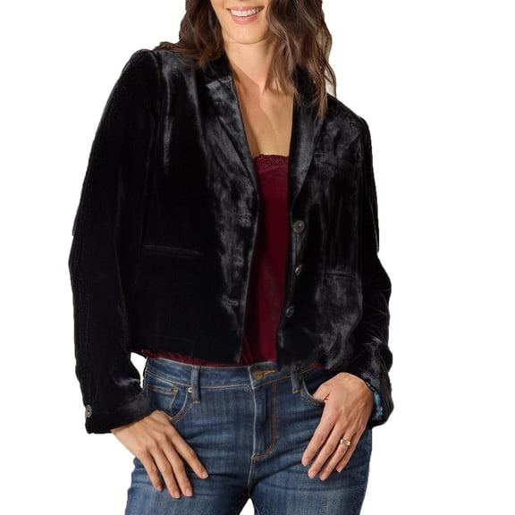 Uootdi Velvet Blazers for Women Cropped Lapel Button Down Long Sleeve Outerwear Dressy Work Office Vintage Suit Jackets