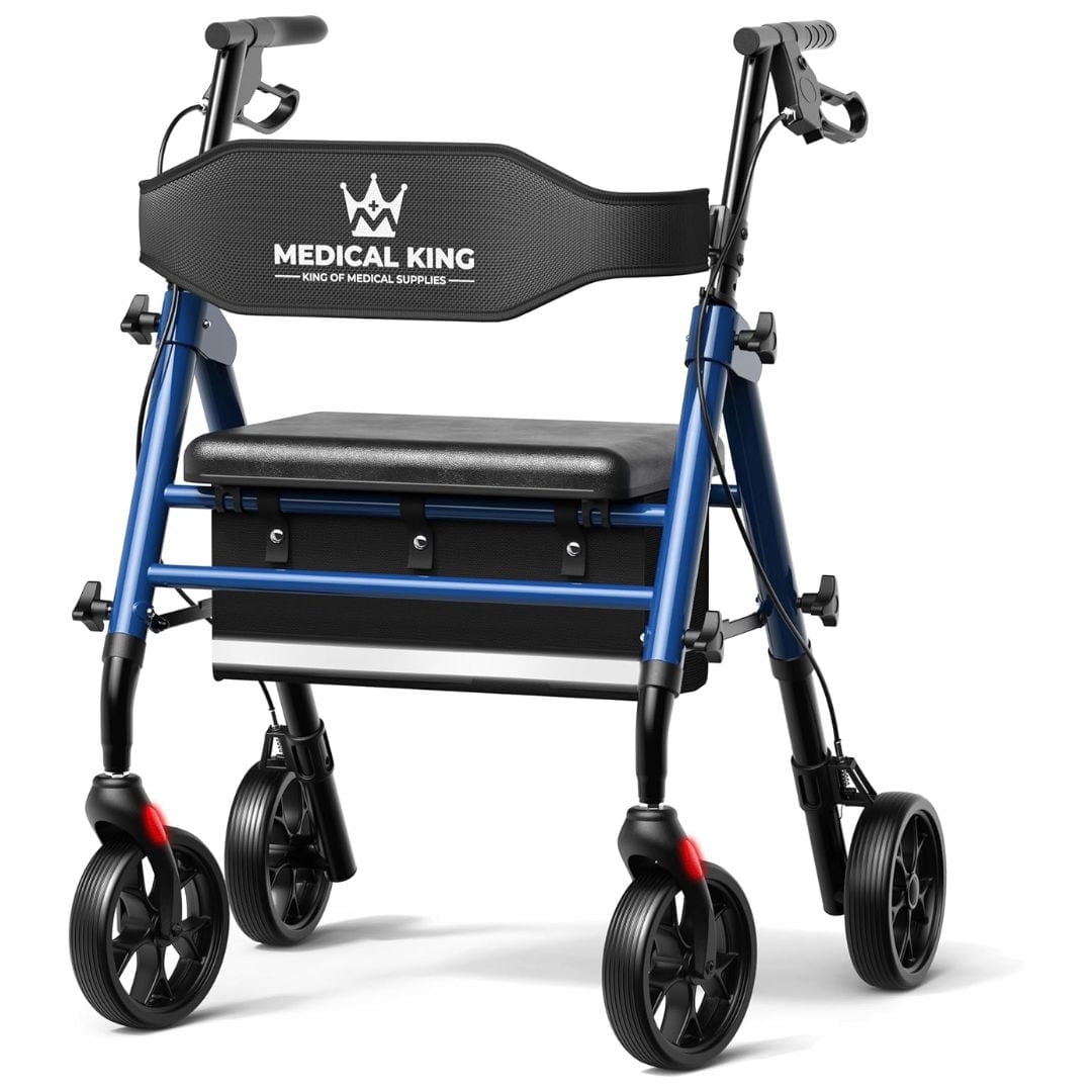 Foldable Rollator Walker with Seat for Seniors, 8″ Wheels, Adjustable Handles, Lightweight, 350 lb Capacity, Storage Pouch Blue