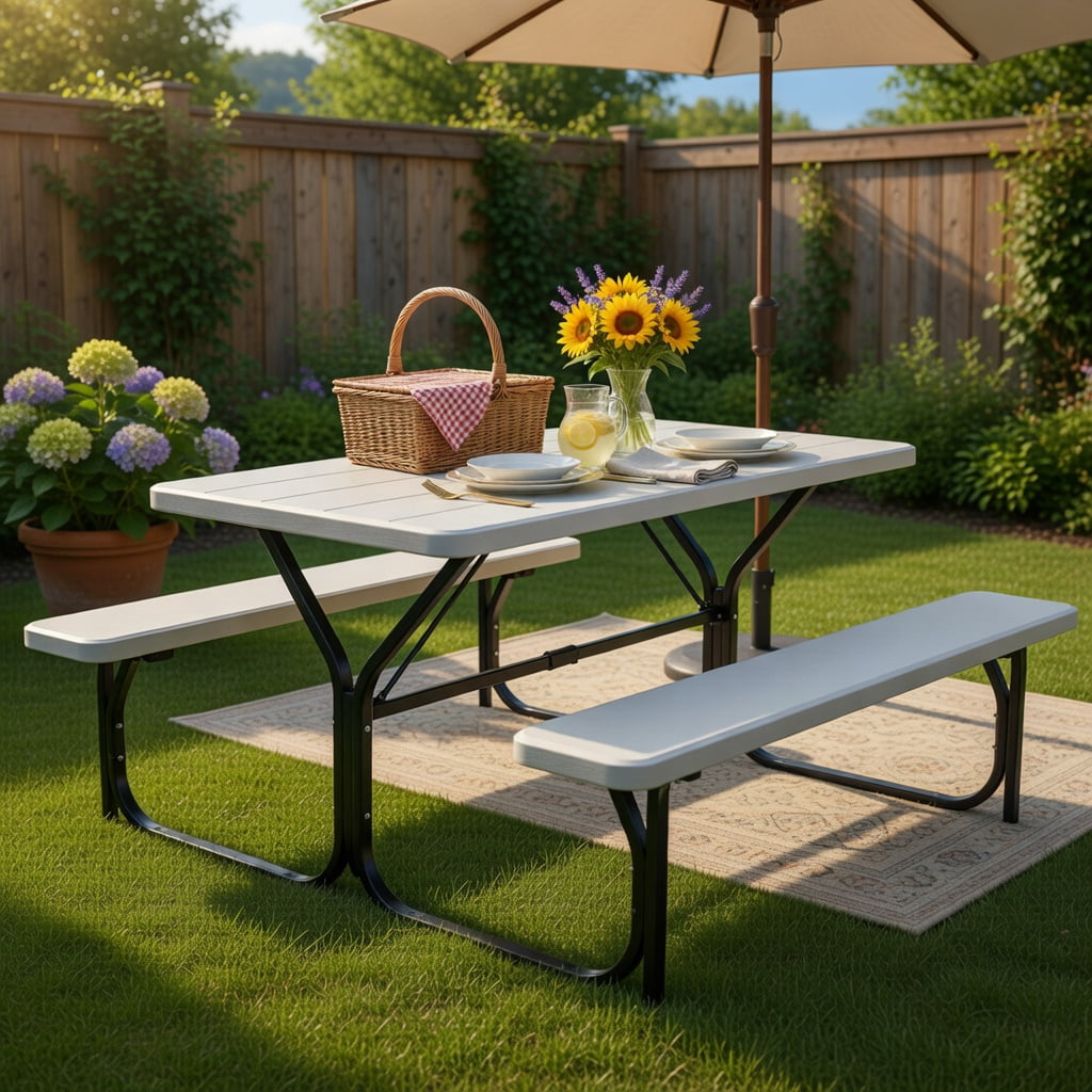 Hommoo Outdoor Picnic Table and Bench Set, HDPE Weather-Resistant Folding Patio Table with 2 Benches, White