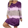thumbnail image 2 of Clearance Savings Long Sleeves Dresses, Women's Fall And Winter Oversized Loose Round Neck Short Sleeved Tie Printed Dress Purple, 2XL, 2 of 7
