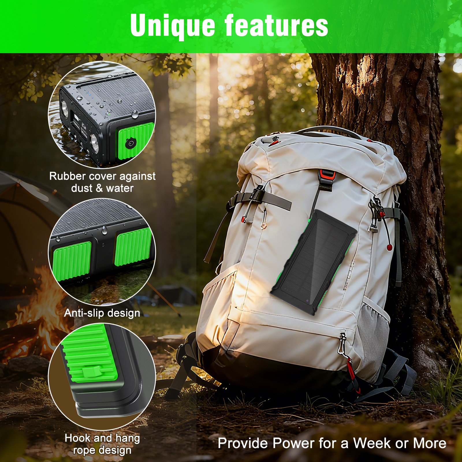 Power Bank Wireless Charger 68800mAh Built in Hand Crank and 4 Cables 15W Fast Charging Power Bank 7 Outputs & 4 Inputs Solar Portable Charger, SOS/Strobe/Strong Flashlights, Compass(Green)