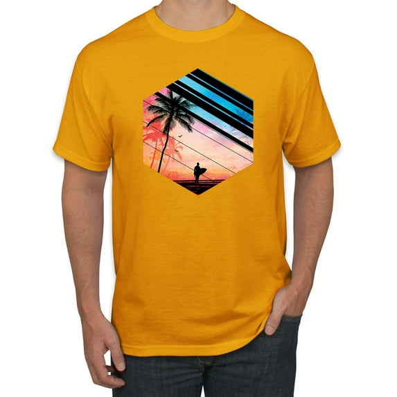 Wild Bobby, Surfer Walkign Across Beach Sunset, Streetwear, Men Graphic Tees, Gold, Large