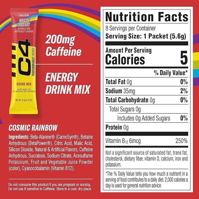 C4 Performance Energy Powder Drink Mix, Cosmic Rainbow, (2 Boxes, 16 Sticks)