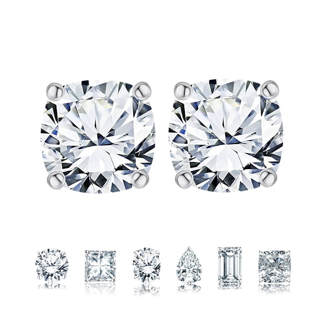 JeenMata Pendientes Tipo Botón con Solitario de Moissanita de Talla Cojín de 1 Quilate y 4 Puntas Chapados en Oro Blanco de 18 K sobre Plata