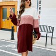 thumbnail image 3 of Vestido tipo suéter con bloques de color para mujer, cuello redondo, suelto, de moda, manga larga, vestido tipo suéter para uso diario, rojo vino XL, 3 of 7