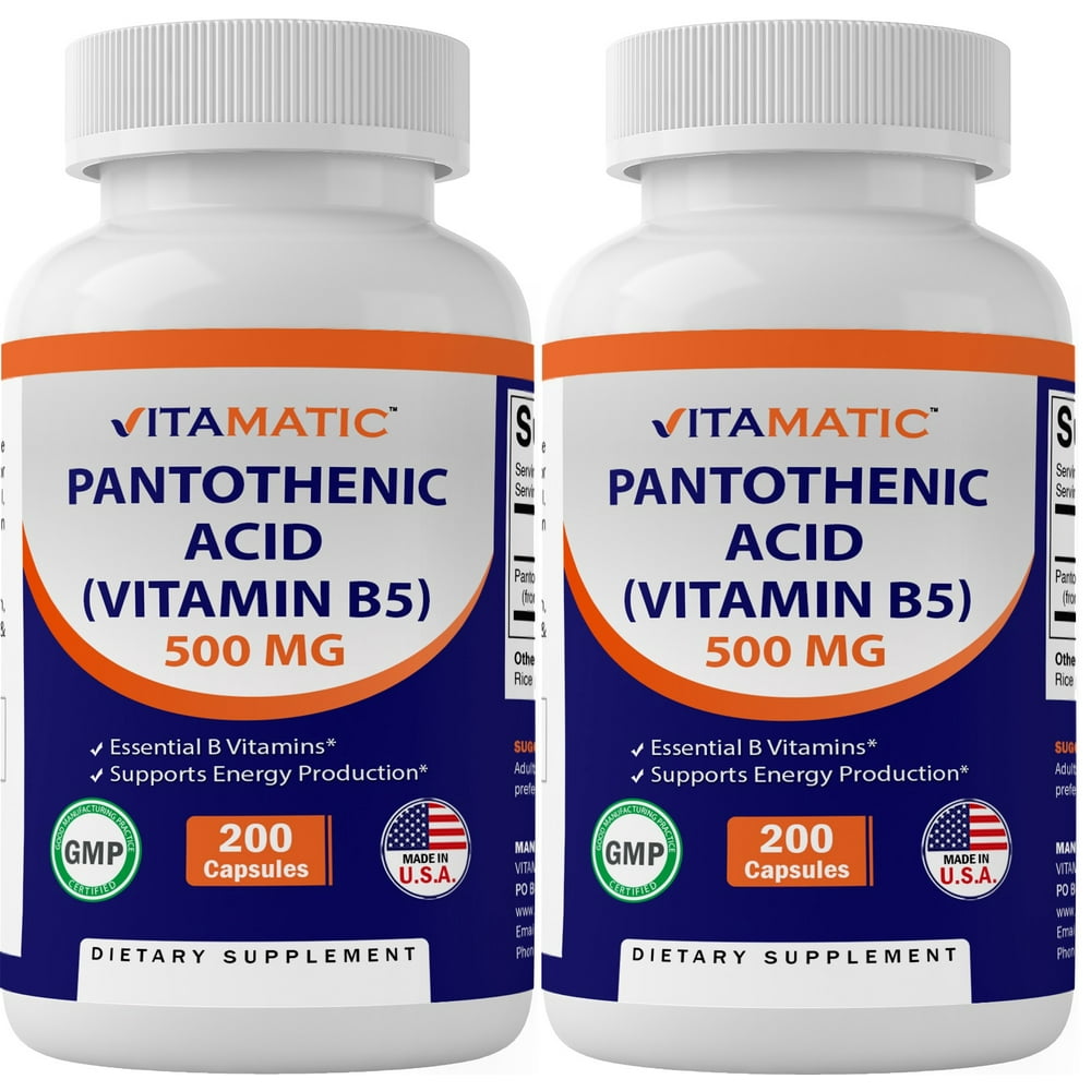 2 Pack Vitamatic Pantothenic Acid (Vitamin B5) 500mg, 200 Capsules For Hair, Skin, Nails