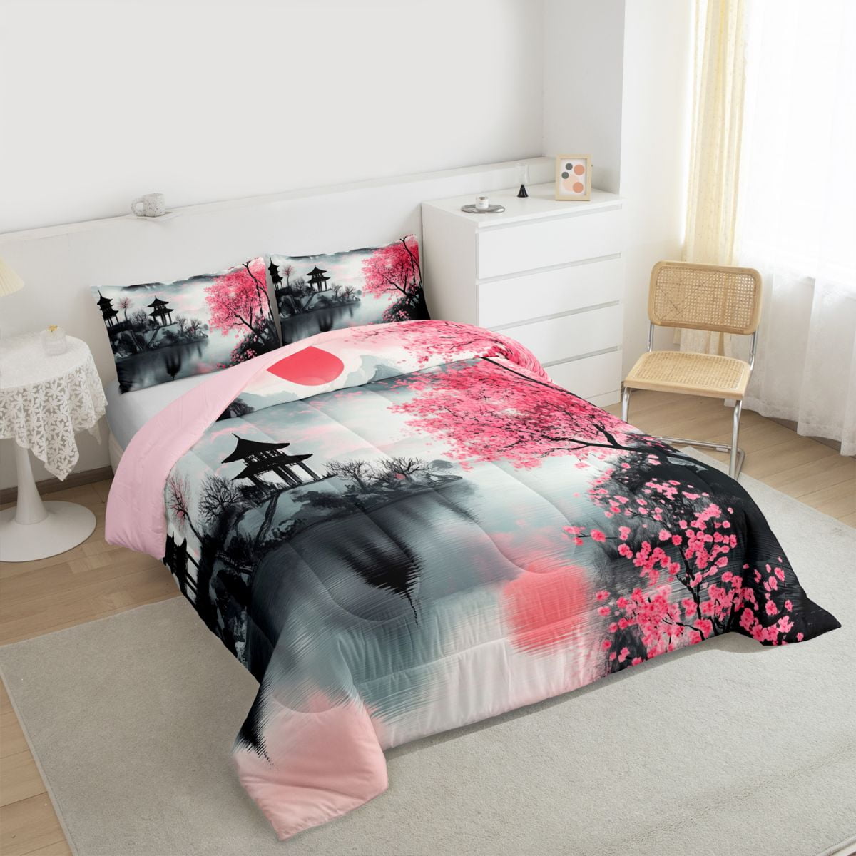 Castle Fairy Adults Oriental Cherry Blossom Twin Comforter Sets,Japanese Style Bedding Set