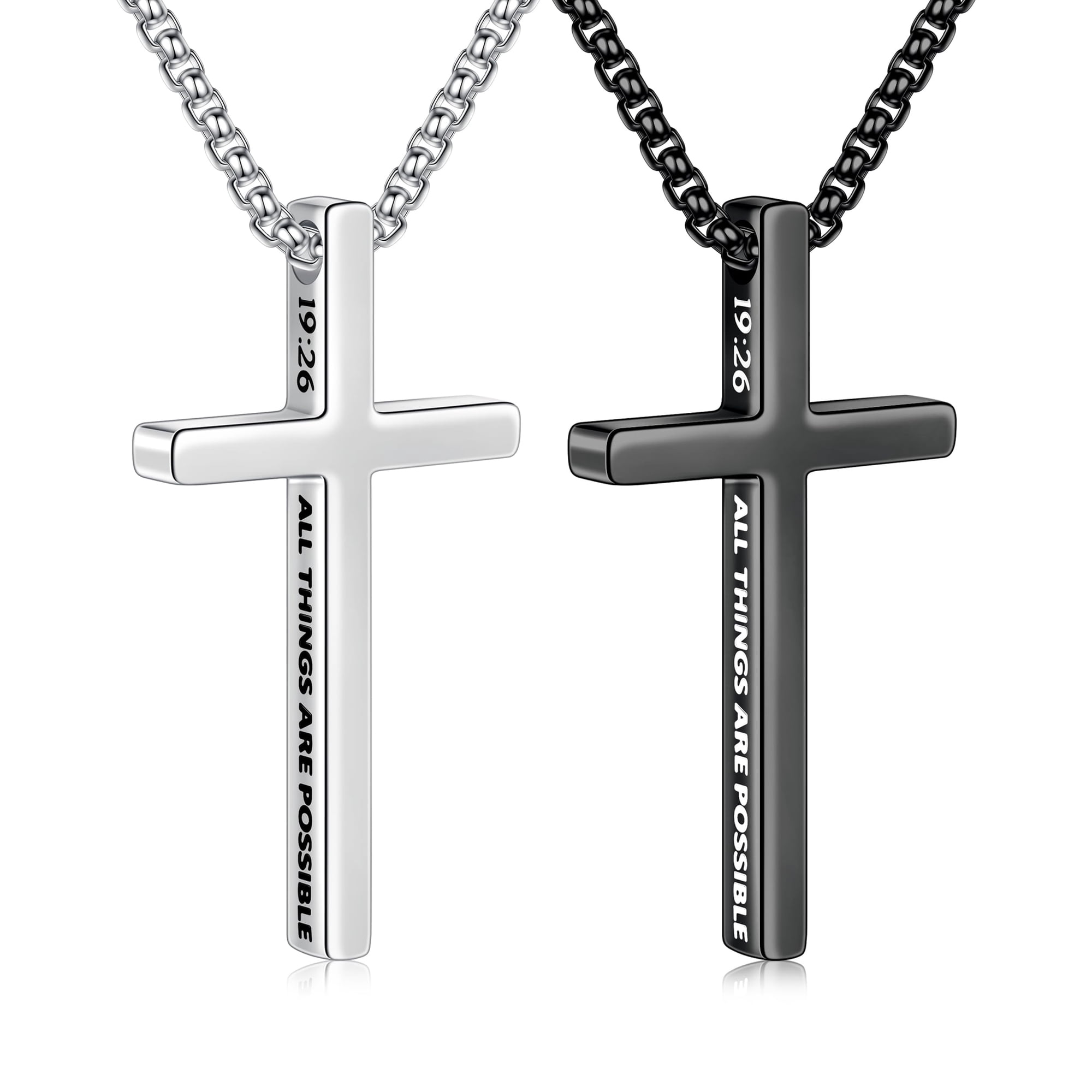 Turandoss 2 Pcs Black Silver Cross Necklace for Men Inspirational Bible Verse Cross Chain for Men Stainless Steel Cross Pendant Box Chain 18-24 inch Birthday Gifts for Men Boys Husband