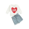 thumbnail image 2 of Toddler Kids Baby Girl Valentine's Day 2Pcs Skirt Sets Love Heart Print Pullover Tops Denim A-Line Dress Outfits, 2 of 8