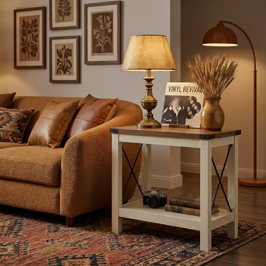 Ledrem 2 Tiers Side Table, Sofa Accent Table, Compact Nightstand with Underside Storage Rack, Rustic White & Honey Brown