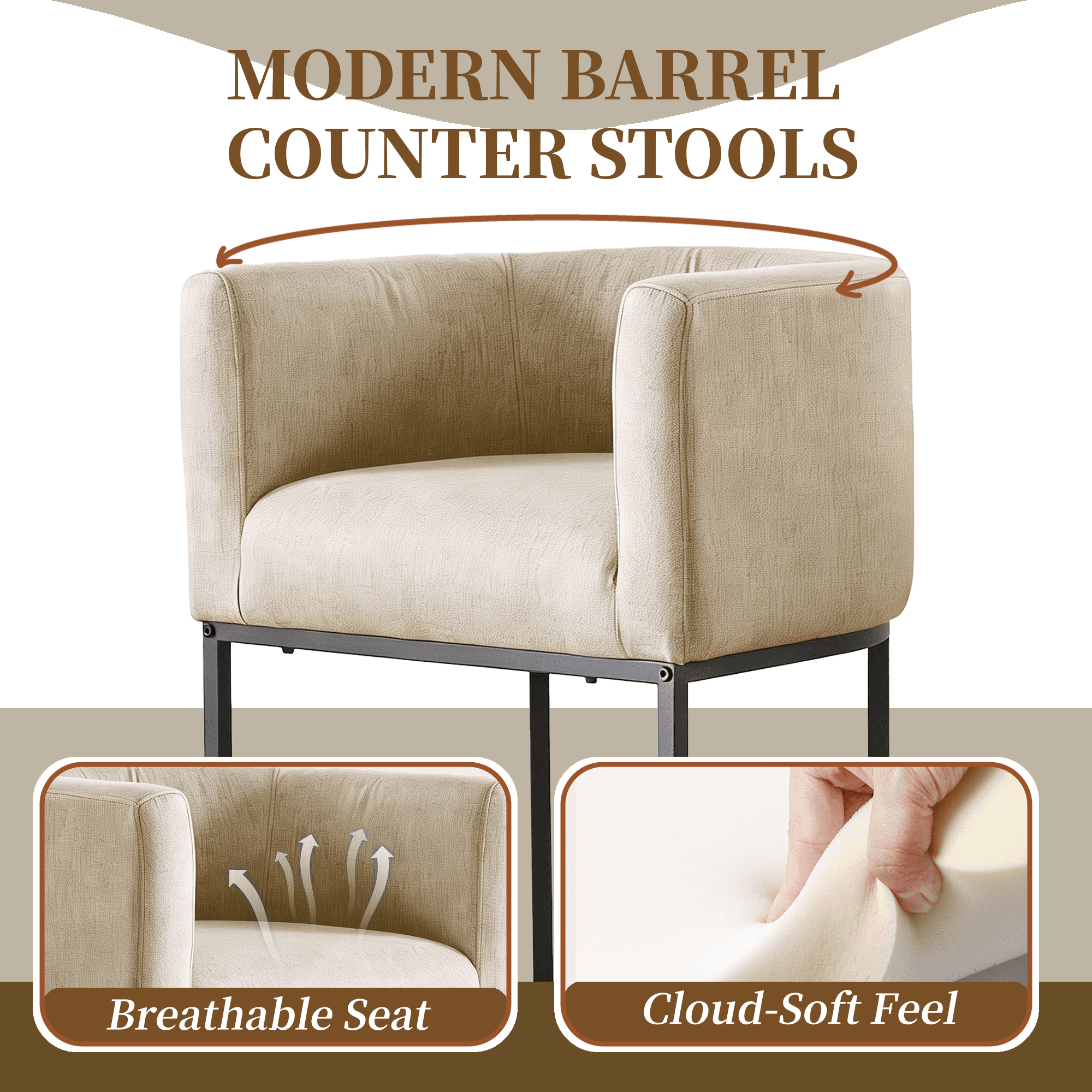FANCROU 26" H Counter Height Bar Stools Set of 1, Fabric Barrel Stools with Back and Arms, Gamel-Black Leg