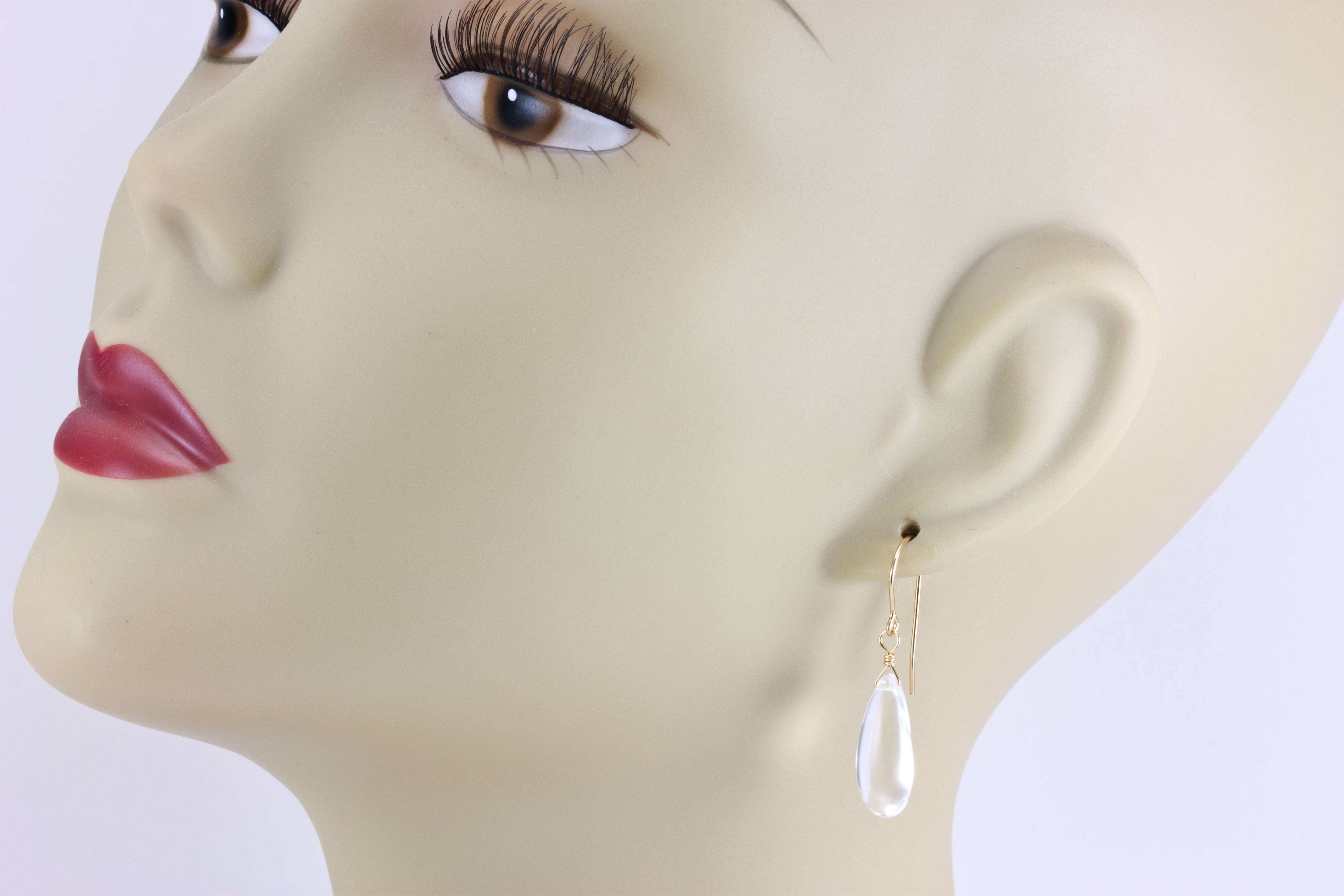 Clear Quartz Earrings Smooth Long Pear Shape Teardrop Drops 14k Yellow Gold Filled Spyglass Designs
