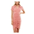 thumbnail image 1 of PLANET GOLD Womens Pink Ruched Ribbed Short Sleeve Point Collar Above The Knee Body Con Dress L, 1 of 7