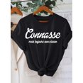 thumbnail image 1 of Connasse Graphic Print T-Shirt - Chic Short Sleeve Crew Neck Casual Top for Women, Spring & Summer Essential, White with Blue Lettering, Polyester Blend, Machine Washable, 1 of 4