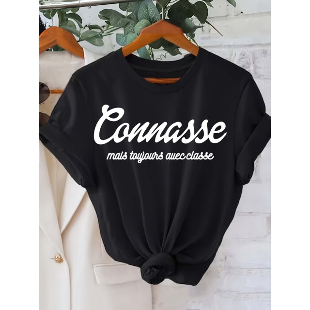 Connasse Graphic Print T-Shirt - Chic Short Sleeve Crew Neck Casual Top for Women, Spring & Summer Essential, White with Blue Lettering, Polyester Blend, Machine Washable