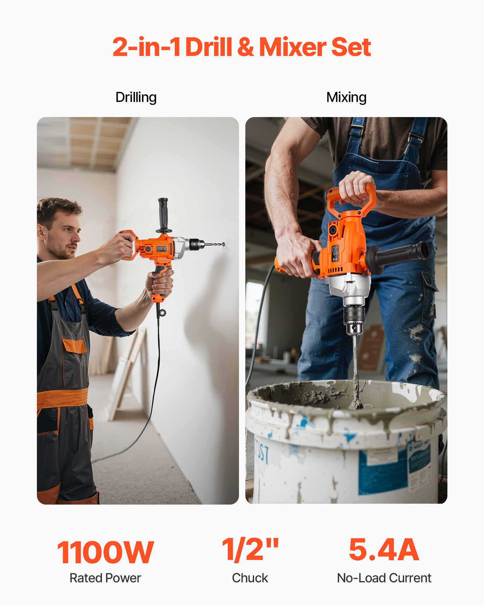 VEVOR Drill Mixer, 1/2 inch Corded Electric Drill Mixer Set, 0-850RPM 5.4A Mixing Drills,Mixing Drills Machine with D-Handle for Drilling & Blending, Handheld Cement Mixers for Fodder, Paint, Cement
