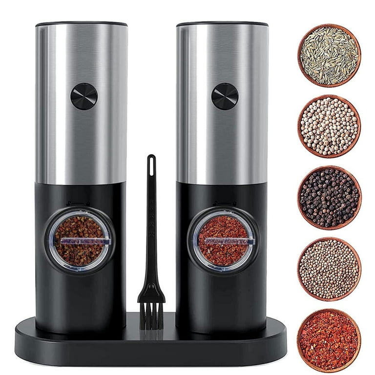 Electric Salt & Pepper Shakers Mills Set 80ml, Raycial Automatic Salt and  Pepper Grinder Set Battery Powered with Adjustable Coarseness, LED Light,  Stainless Steel Pepper Mill Grinder Kitchen Gadgets 