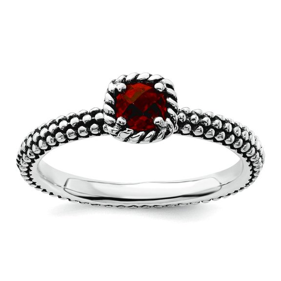 2.5mm 925 Sterling Silver Prong set Oxidized Stackable Checker-cut Garnet Antiqued Ring Size 5 Stackable Ring for Women