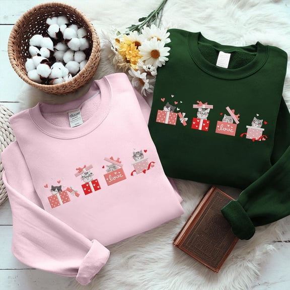 Embroidered Valentine Cat Gift Boxes Sweatshirt, Retro Kitty Present Parade T-Shirt, Vintage Love Cat Unboxing Hoodie, Cute Pet Embroidery
