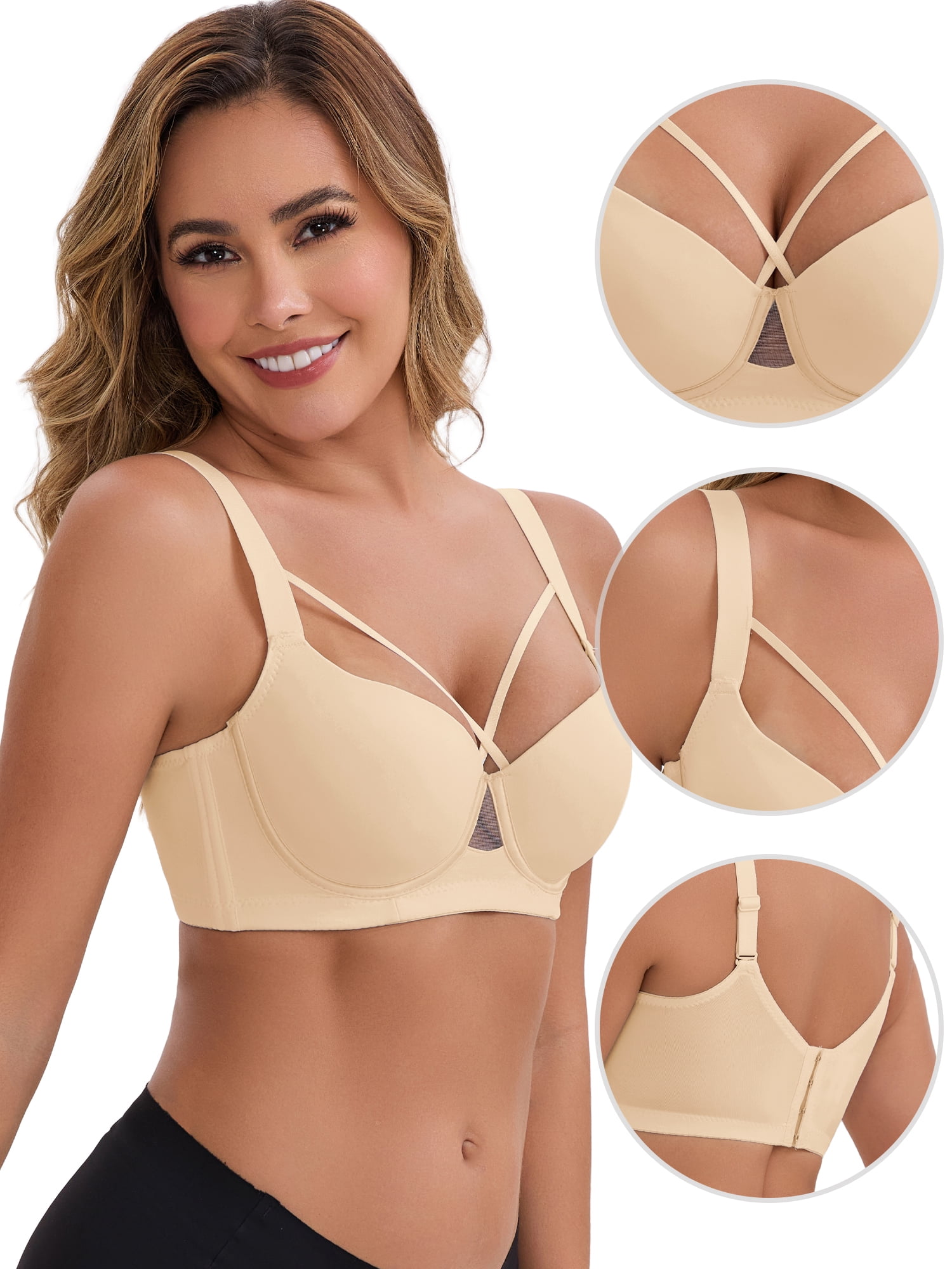 DARING DIVA Women's 3/4 Cup Push-Up Underwire Support Front Cross Lingerie 40B Beige