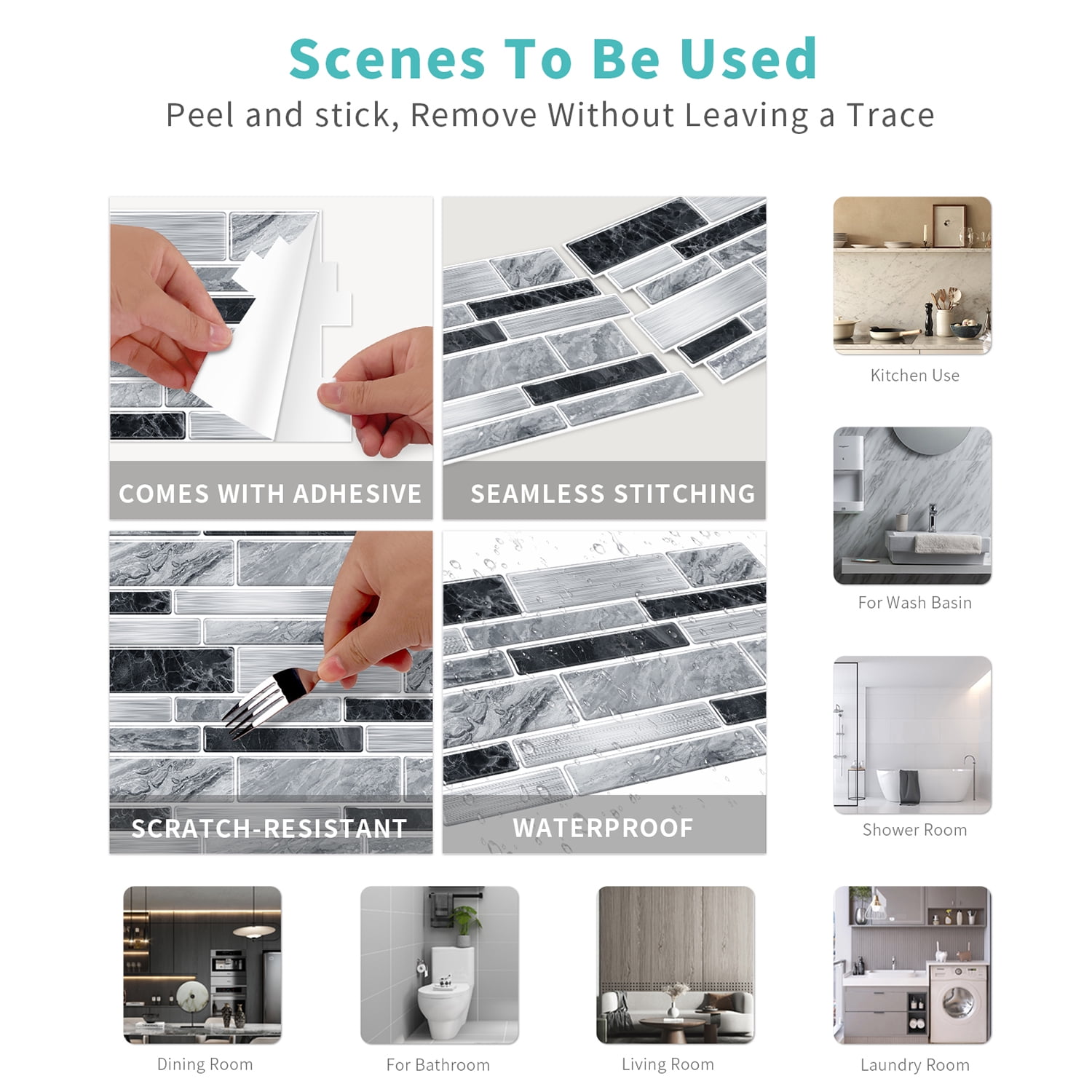 Peel and Stick Backsplash 3D Wall Tiles,Self-Adhesive,Oil Proof,Waterproof, Removable Wall Panels for Kitchen & Bathroom,Modern Design, Easy Install (9.68x4.72 inch,48 Pack)