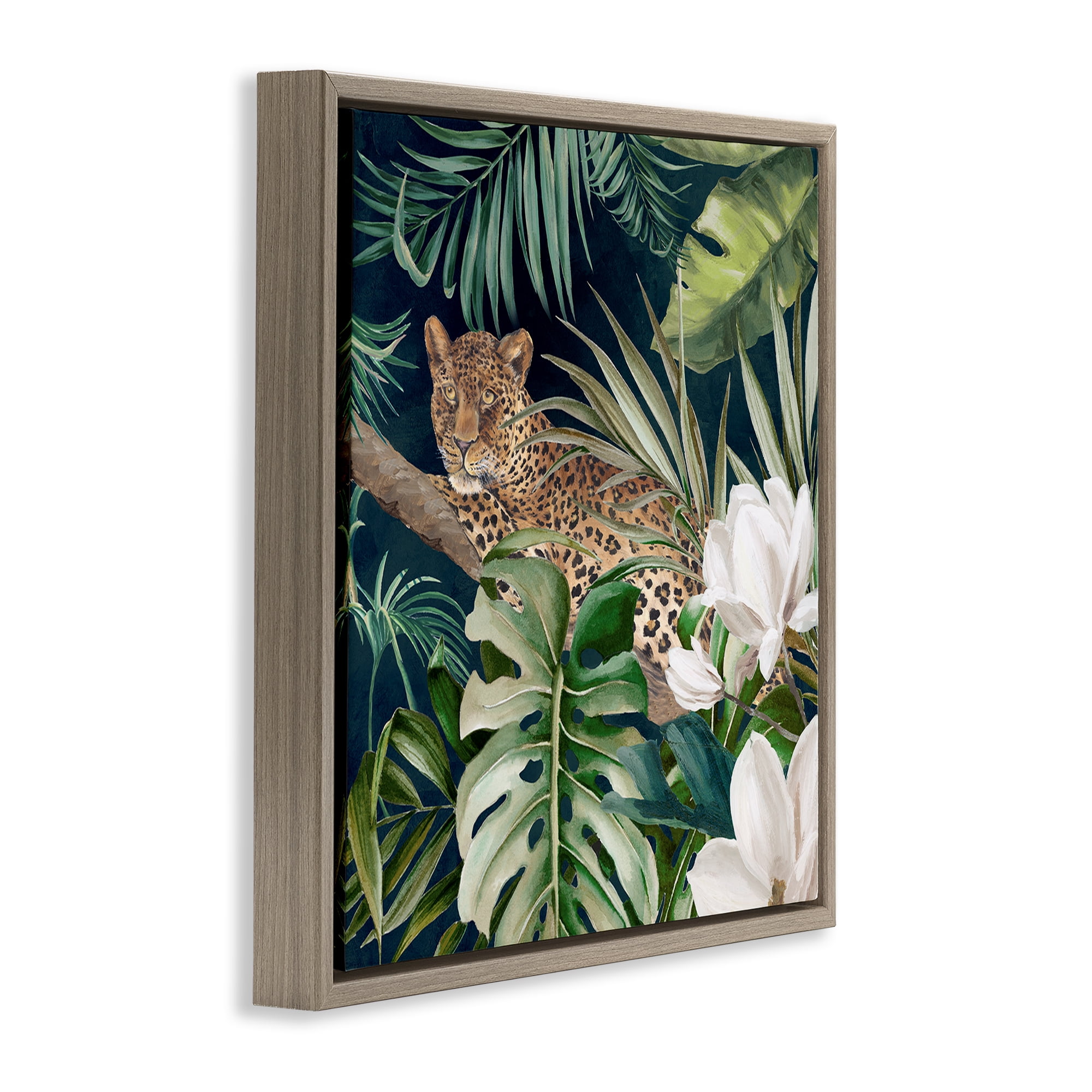 Stupell Industries Tropical Jungle Leopard Animals Painting Brown Floater Framed Canvas Art Print Wall Art, 18 x 18
