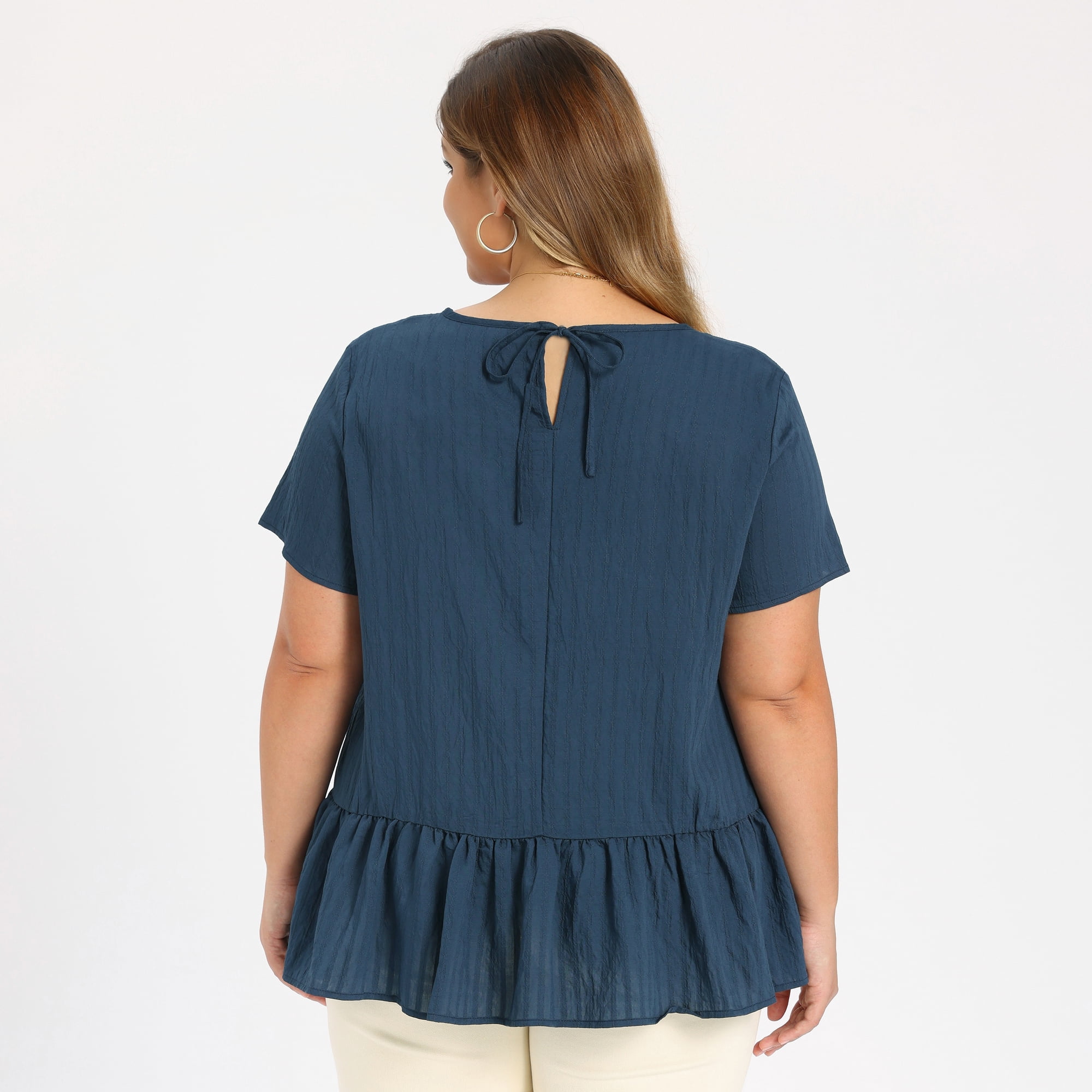 DARING DIVA Women's Plus Babydoll Tops Crew Neck Blouses 1X Navy Blue
