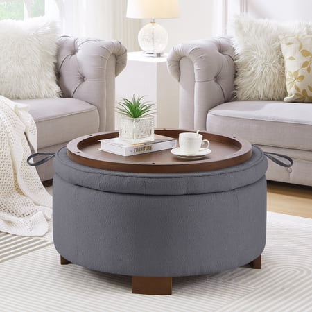 Round Storage Ottoman with Reversible Lid - Boucle Footstool Hidden Storage Wooden Legs - Dark Gray Living Room Accent