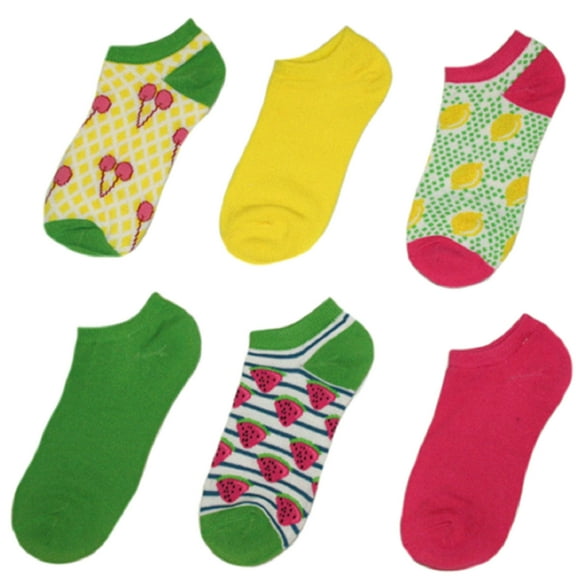 Mixit Women's No Show Socks Fruits and Solid Assorted Colors 6 Pair (Sock Size: 9-11)