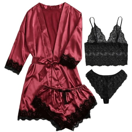 Gustave Women Silk Satin Pajama Set 4Pcs Sexy Lingerie Floral Lace Trim Cami Long Sleeve Robe with Shorts Sleepwear Nightgown Nightwear  Red  S