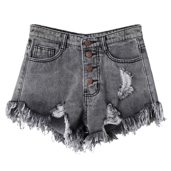 Qgtaibl Womens High Waisted Denim Shorts Casual Button Hem Ripped Jean Shorts Summer Loose Fit Plus Size Distressed Jorts with Pockets Gray L