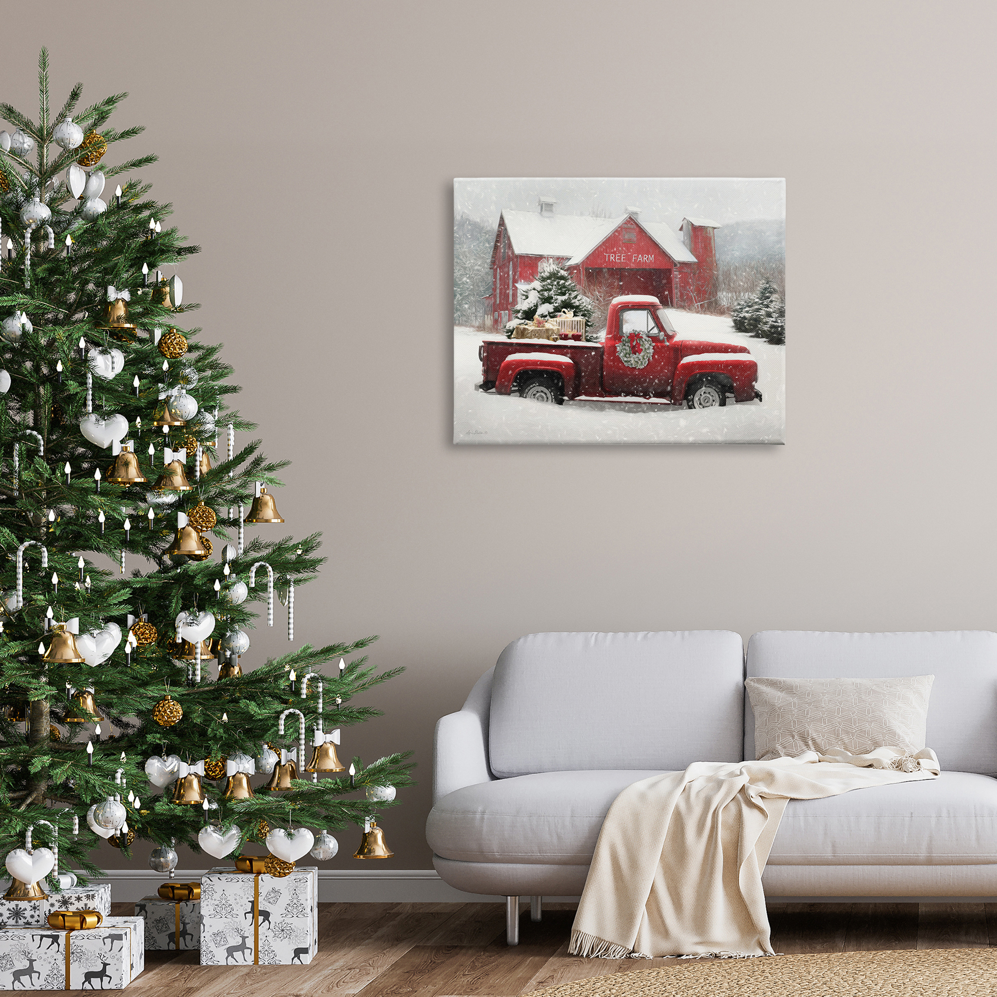 Tree Farm Red Truck Wintery Snow Flurries Transportation Painting Gallery-Wrapped Canvas Print Wall Art