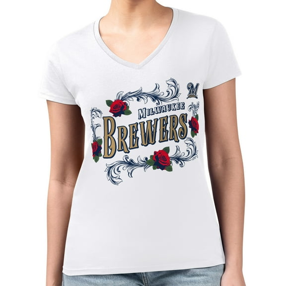 Women's G-III 4Her by Carl Banks  White Milwaukee Brewers Super-Slim Fit Lightweight Retro Roses V-Neck T-Shirt