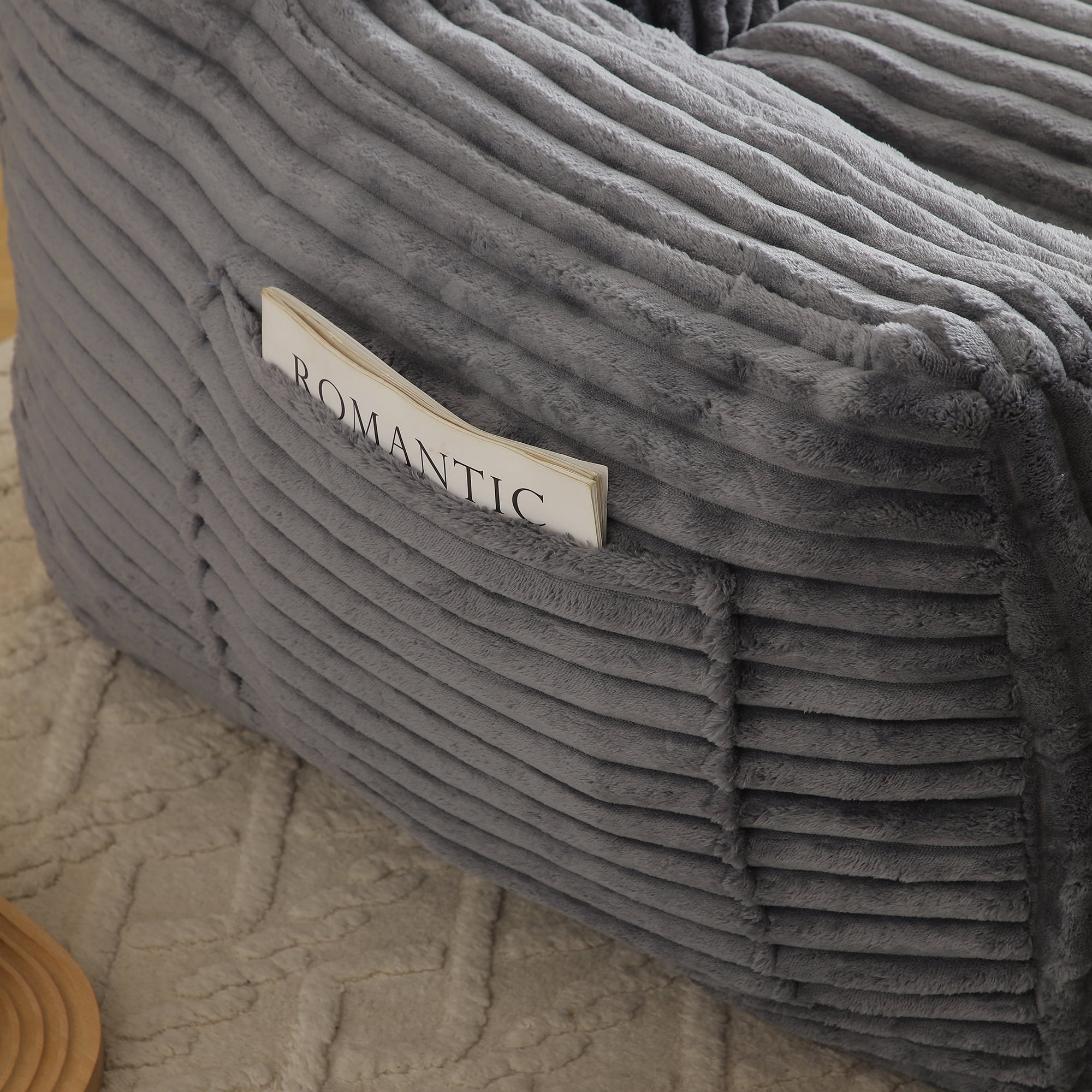 FFZ Giant Grey Plush Bean Bag Chair For Adults With Armrests Footstool