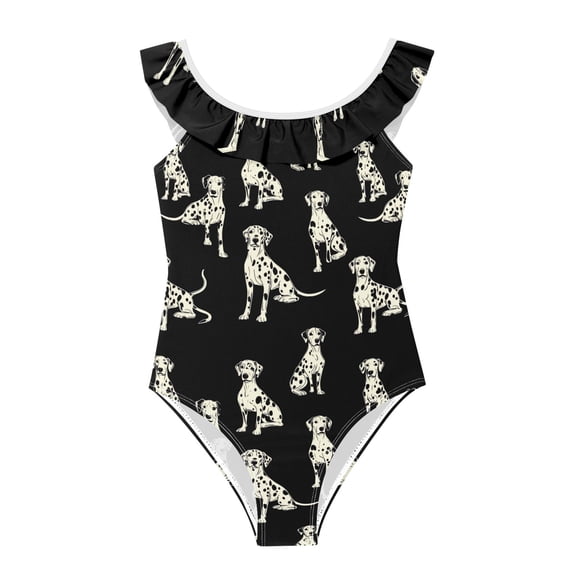 Girls Ruffled One Piece Swimsuit Summer Beach Vacation Swimwear Tank Swimsuit White Dalmatian Dogs