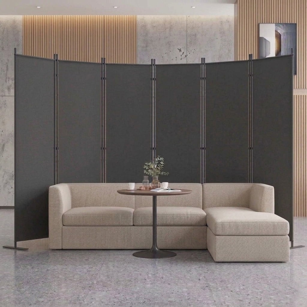 Room Divider 6-Panel -120" W × 71 "H Folding Privacy Screen for Indoor Space, Heavy-Duty Metal Frame & Polyester Fabric Portable Freestanding Partition for Bedroom,Office & Living Room-Black Gray